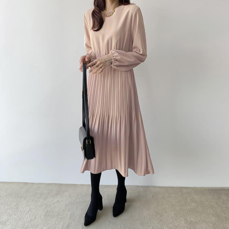 【ワンピース】春秋冬 全4色 韓国風 無地 着痩せ プリーツ 長袖ワンピース