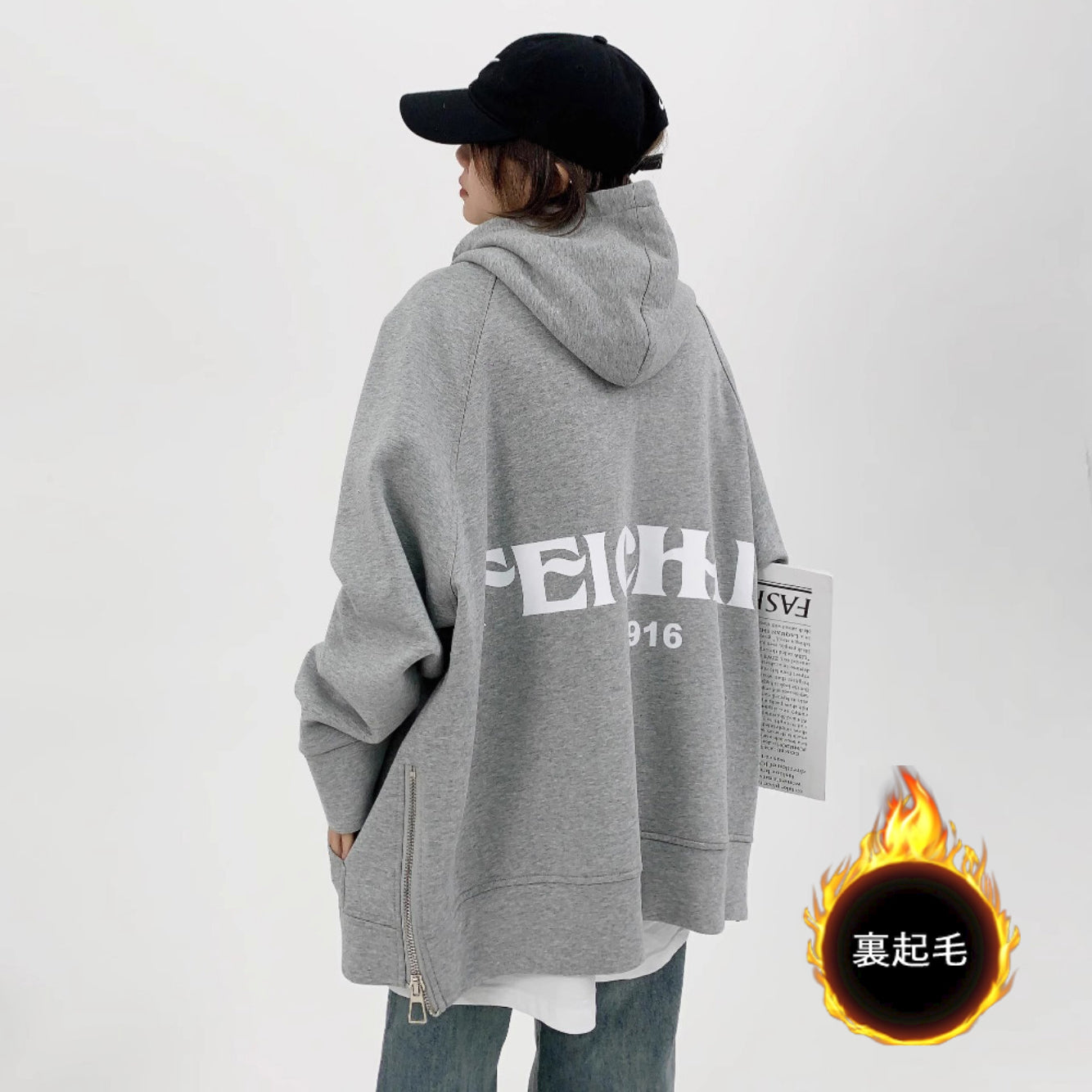 【アウター】春秋 Oversize サイドジッパー プリントフード付き カップル用 ジャケット【FCシリーズ】