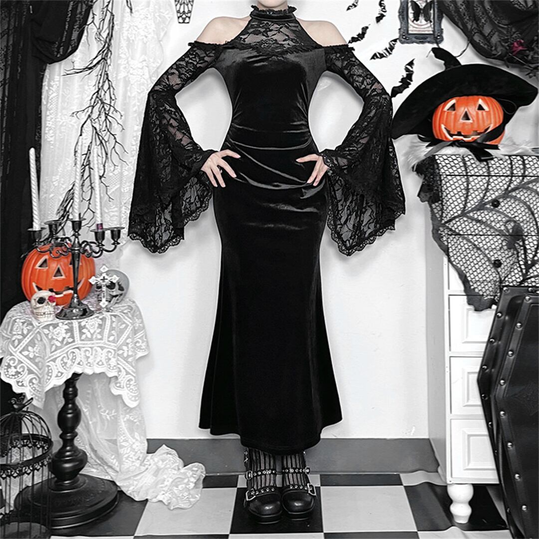 【ハロウィン】コスプレ 肩出し 長袖 ウィッチ ダーク風 セクシー タイト ワンピース