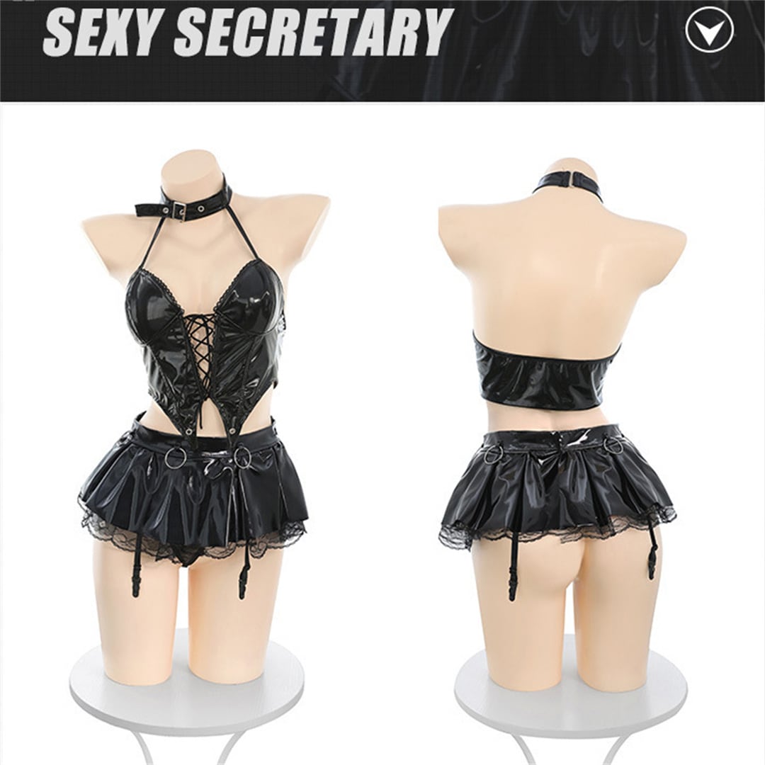 【ハロウィン】PUレザー 漆皮 レースアップ オープンデザイン 小悪魔 コスチューム 二次元風 ハロウィン衣装