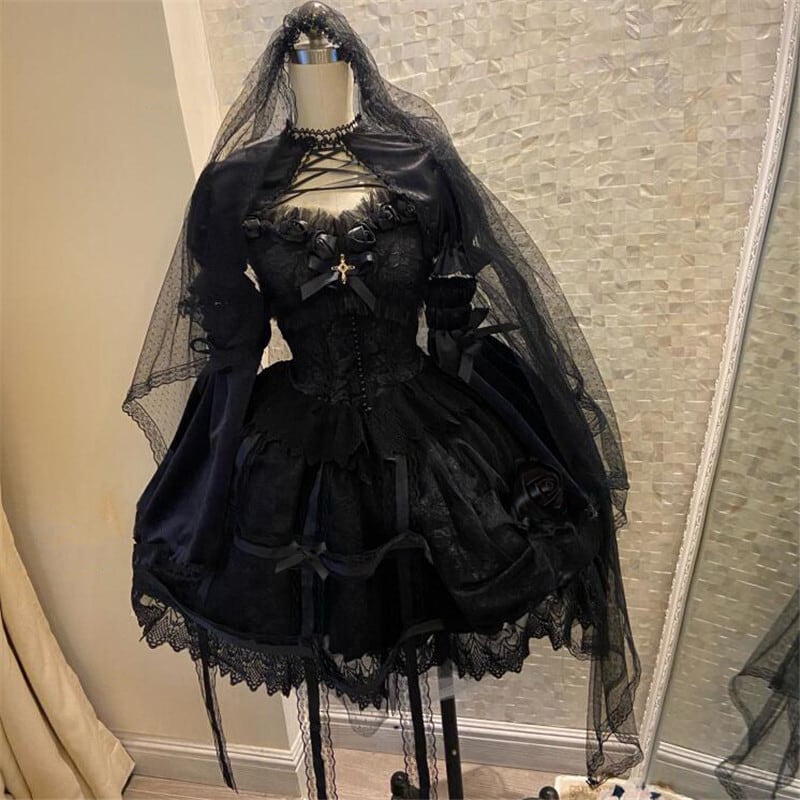 【ハロウィン】Lolita ゴシック クラシカル バラ柄 ワンピース 蕾絲&チュール装飾 レディース コスプレ 衣装【15~20日内発送】