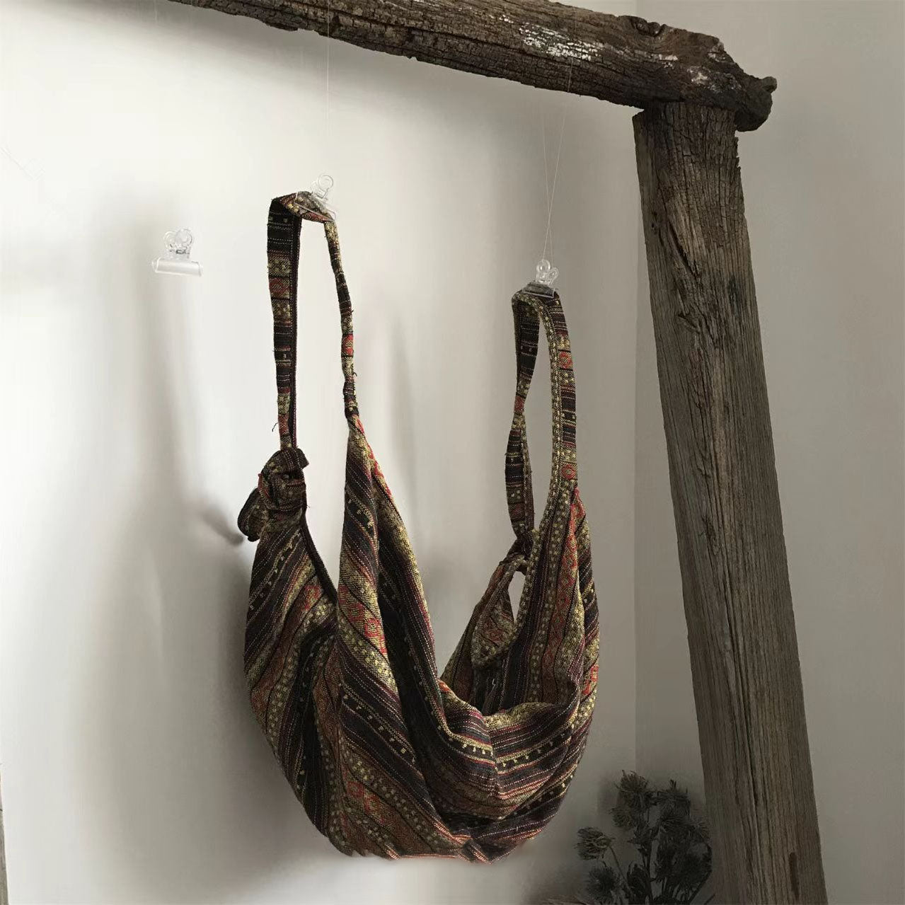 【バッグ】2WAY ヴィンテージ民族刺繍&ストライプ キャンバス大容量バッグ ボディバッグ/ショルダーバッグ【SHシリーズ】