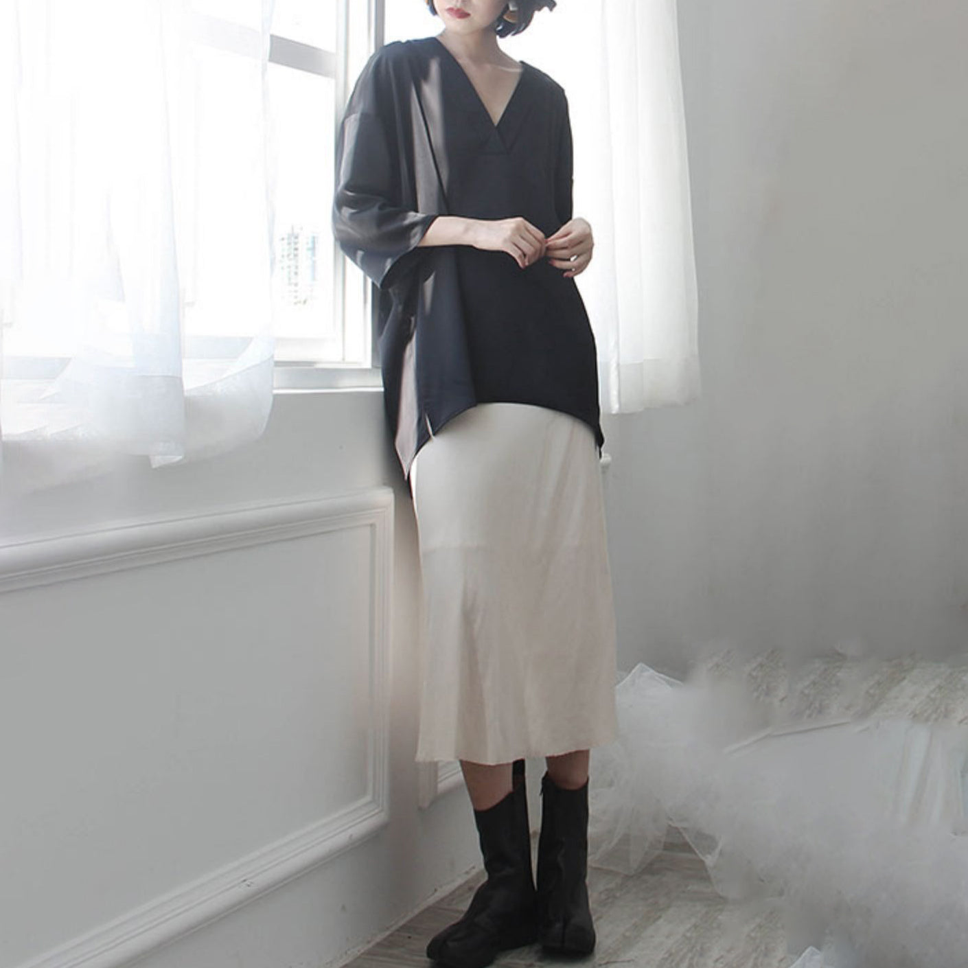 【トップス】Vネック サテン 夏 ルーズ 気質 シャツ