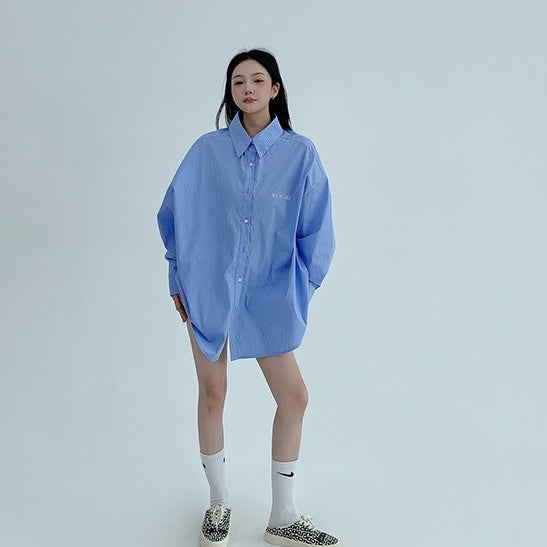 【トップス】春 秋 冬 ストライプ柄 ルーズ 長袖 刺繍 シャツ·ブラウス 【FCシリーズ】