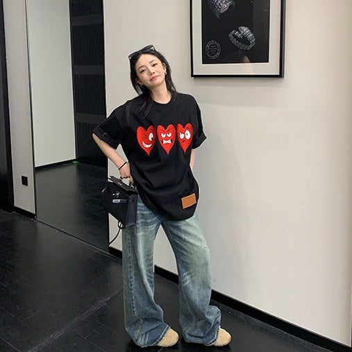 【トップス】重工刺繍 オーバーサイズ ゆったり カジュアル レトロ 半袖 Tシャツ 【FCシリーズ】