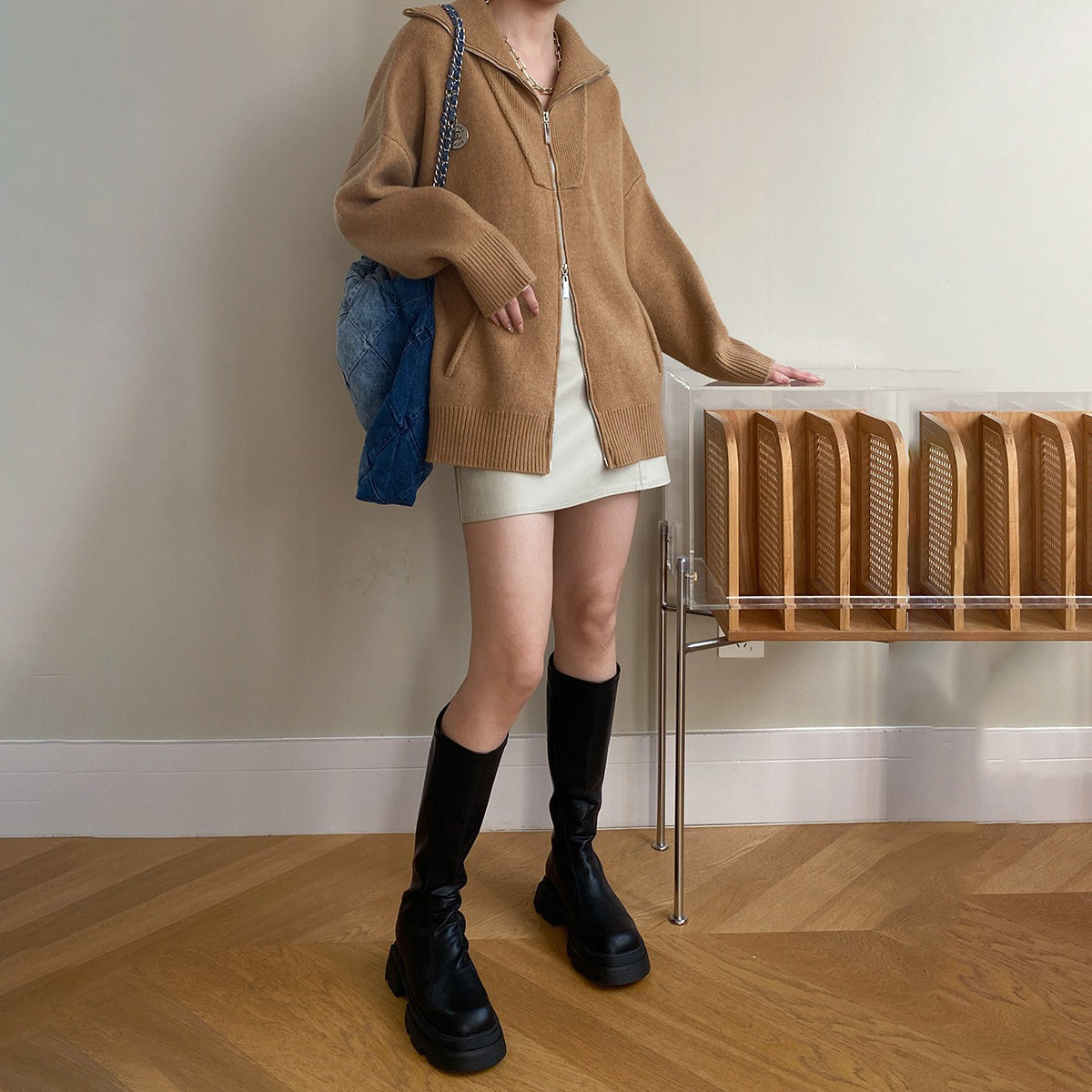 【トップス】 秋冬 ジッパーデザイン おしゃれ 大きいサイズ ルーズ ラペル ニットセータ カーディガンー【SNシリーズ】