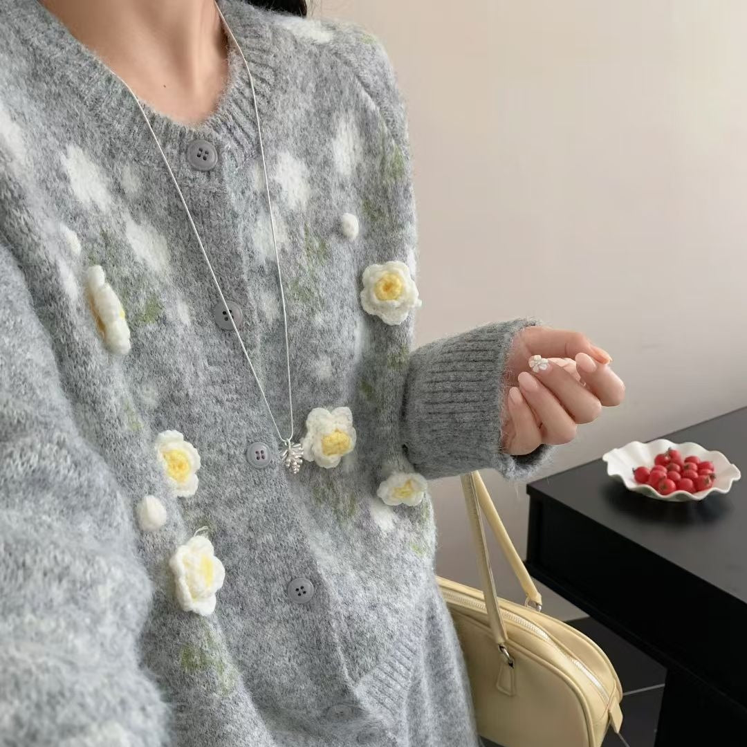 【セットアップ】春 秋 冬 立体刺繍フラワー +ハイウエスト ニットスカート 2点上下セット 【JZシリーズ】