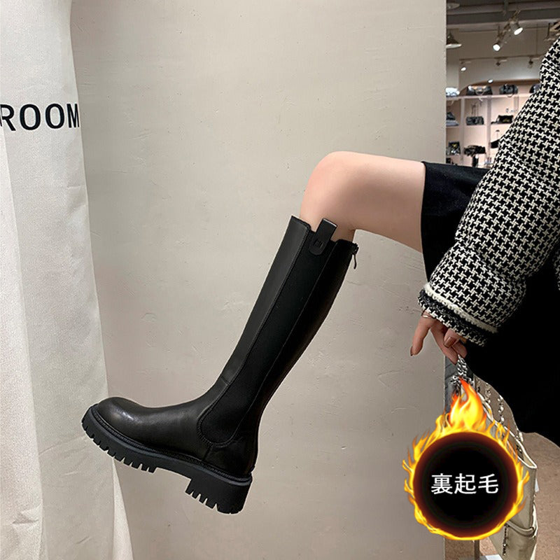 【シューズ】春秋冬 着痩せ 脚長効果 イギリス風 レディース チェルシー ハイバレルブーツ