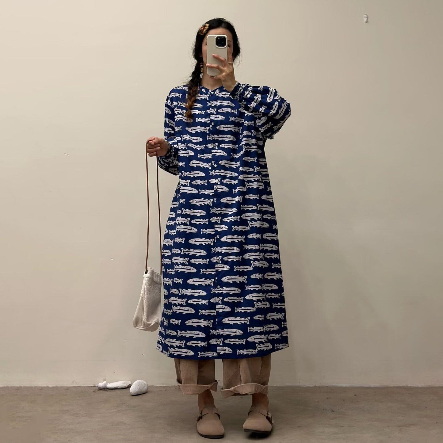 選べる7柄!【ワンピース】🎀カジュアルかわいい丸首プリントワンピース 長袖 シングルボタン 春新作 韓国風ウエストシェイプ レディース【SHシリーズ】