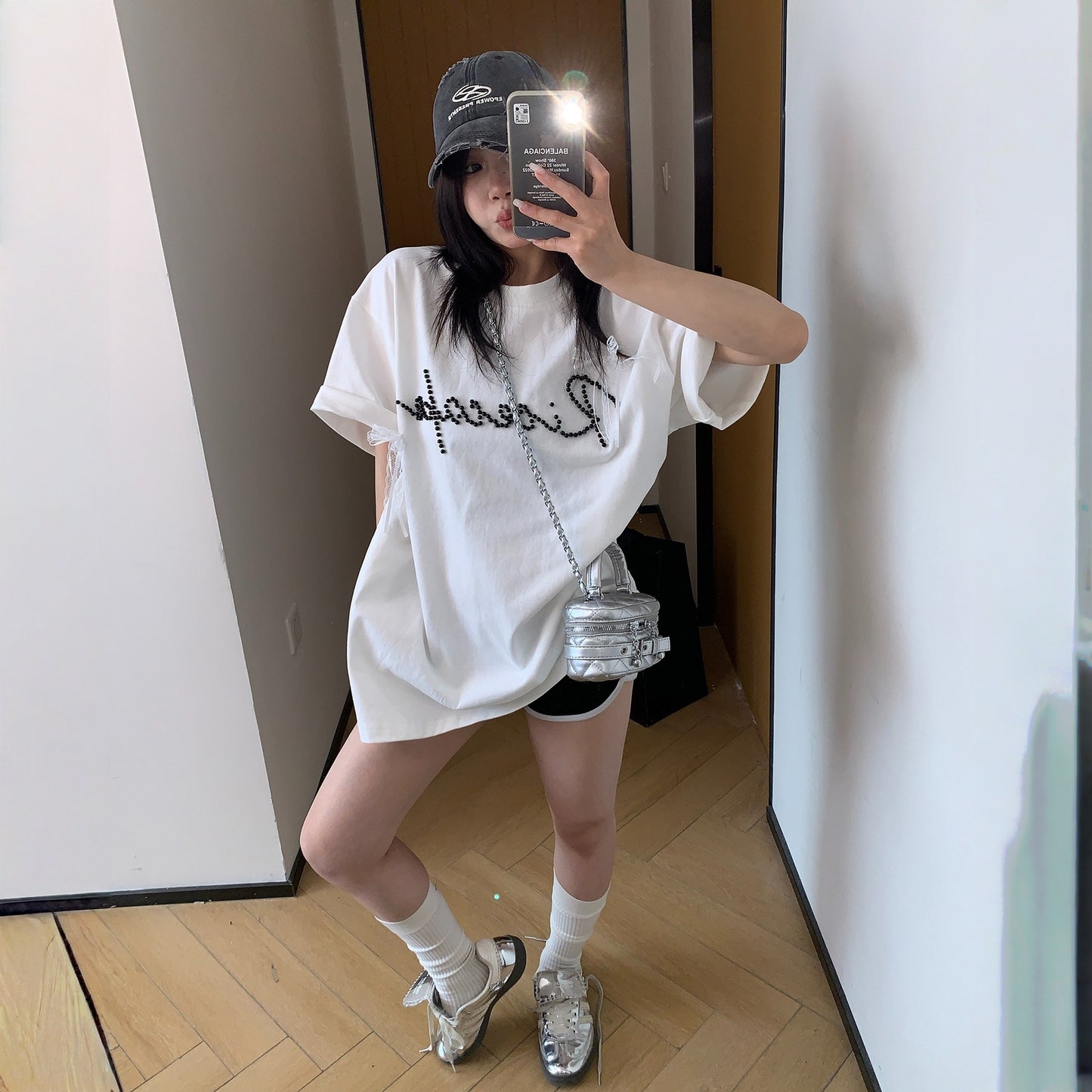 【トップス】夏 リボン ビジュー レース ルーズ 半袖 Tシャツ 【FCシリーズ】