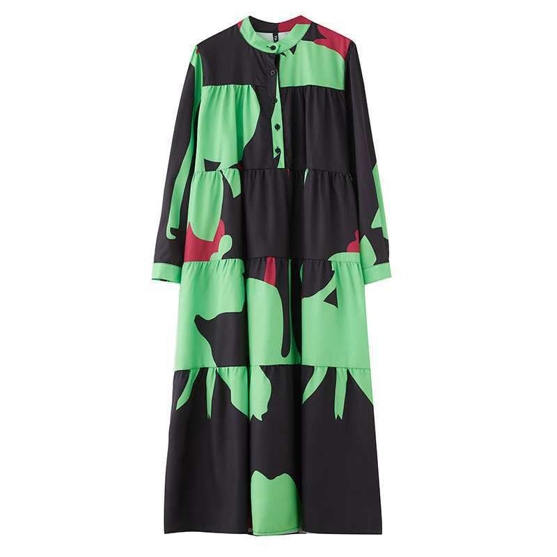 【ワンピース】春秋冬 ゆったり 大きいサイズ プリントミディ丈 レトロ 長袖ワンピース【SHシリーズ】
