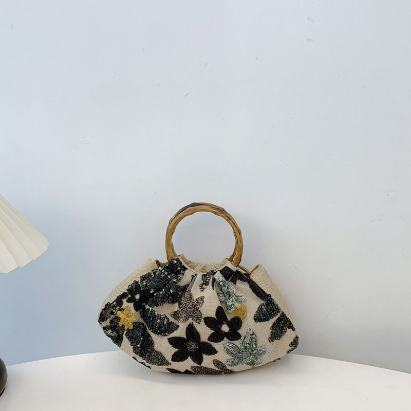 【バッグ】手の込んだ 竹ハンドル 刺繍 スパンコール リストバッグ 【SHシリーズ】