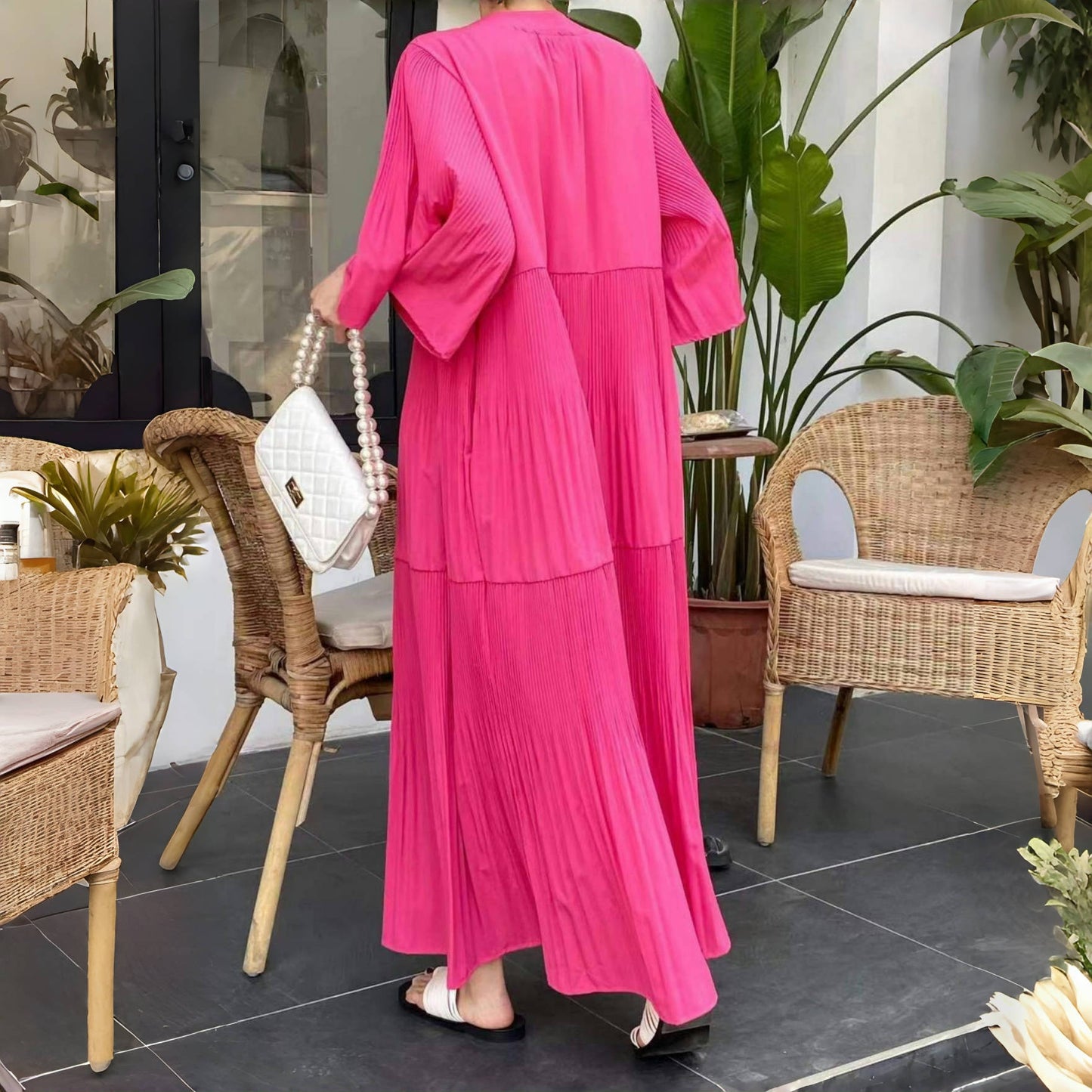 【ワンピース】夏 プリーツ 切り替え 大振裾 半袖 ワンピース