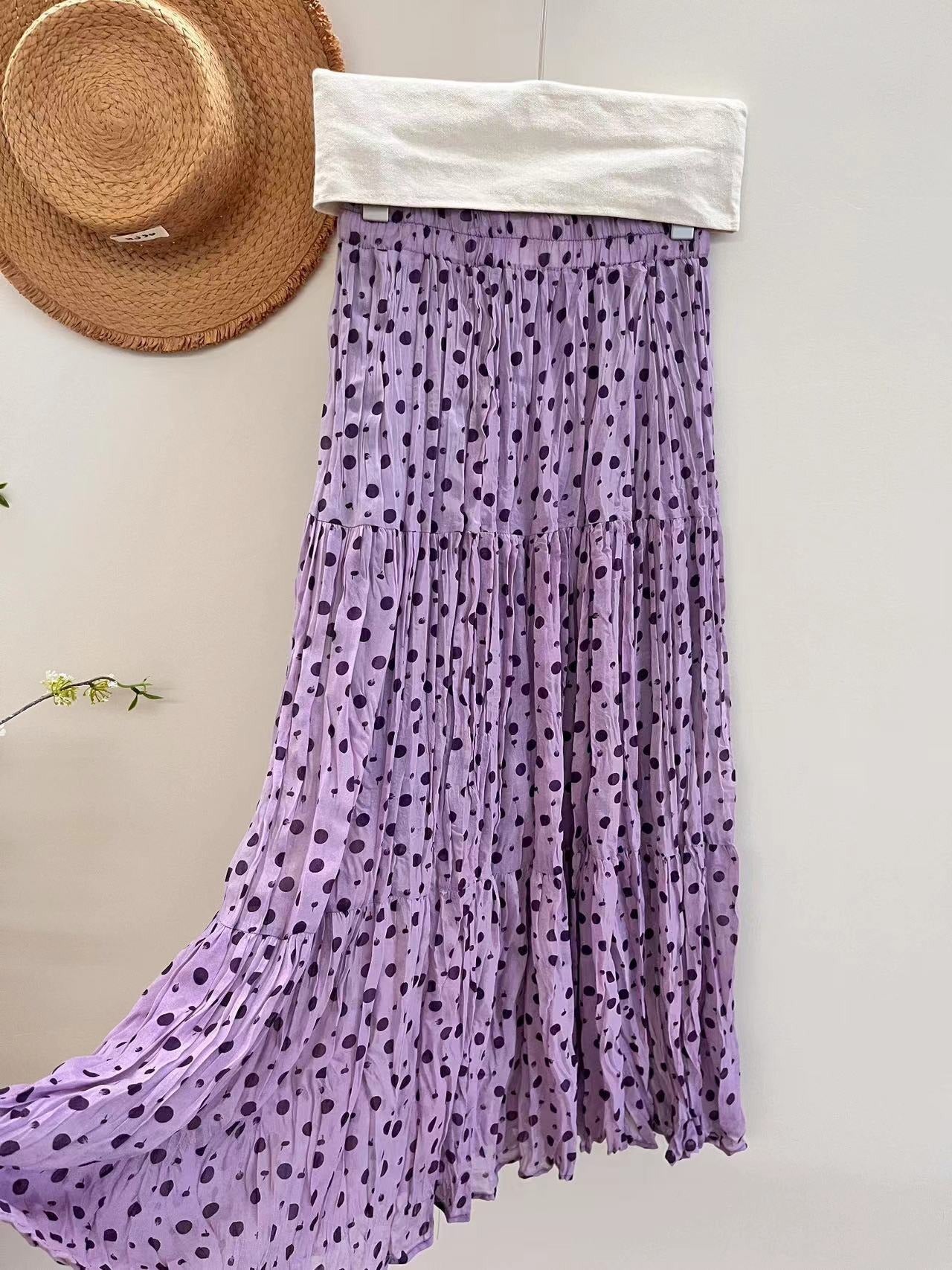 【ボトムス】春夏リゾート ドット柄 優雅 Aライン スリム見え ハイウエスト 落ち感 プリーツ半身スカート【SHシリーズ】