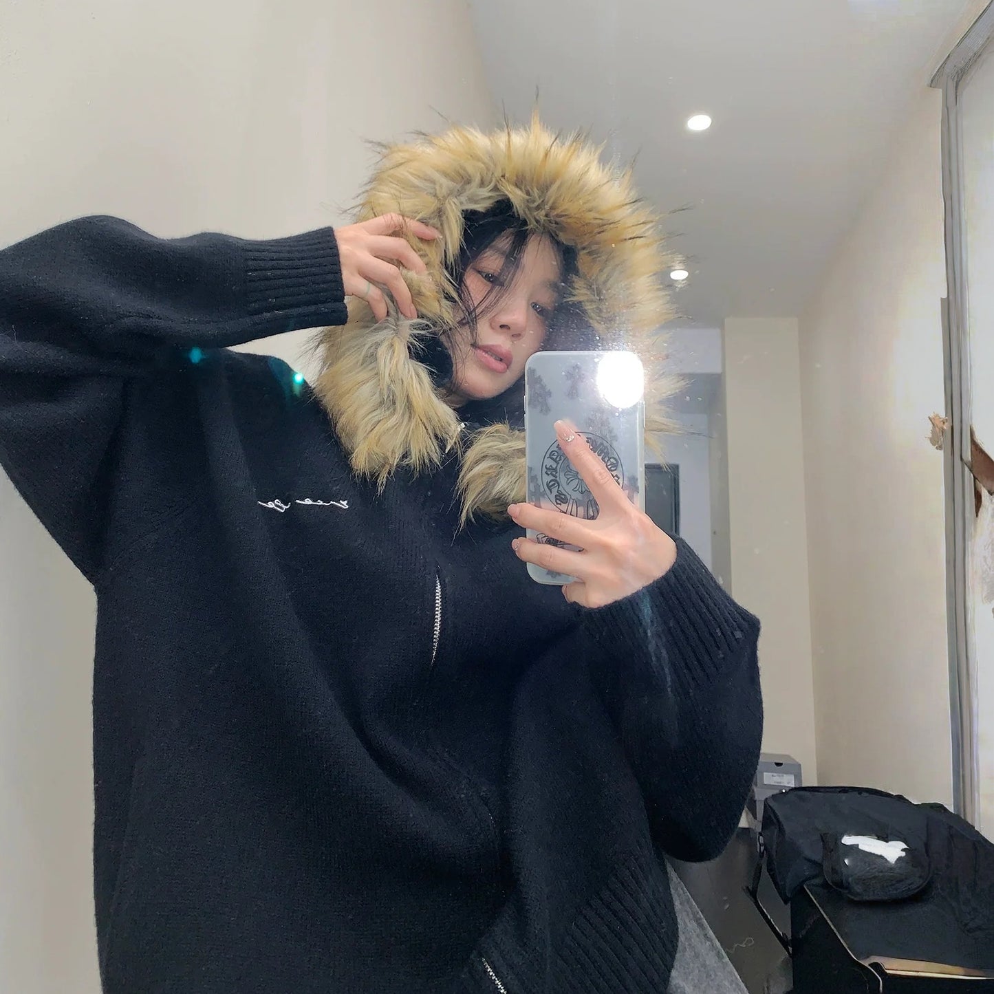 【アウター】春 秋 冬 ファーフード ヘビーウェイト 厚手 ニット ジャケット 【FCシリーズ】