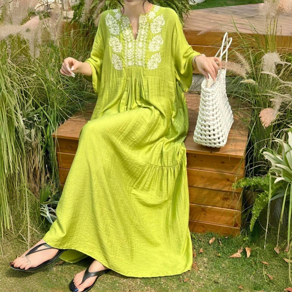 👀 見逃し厳禁!【ワンピース】夏 レトロ ゆったり 大きいサイズ 刺繍 半袖ワンピース