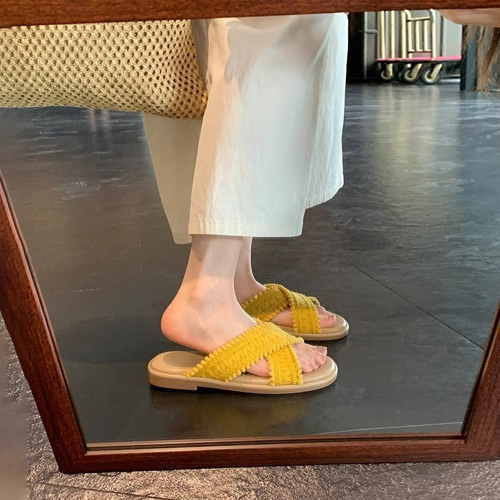 【シューズ】リゾート風 クロス編み オープントゥ サンダル
