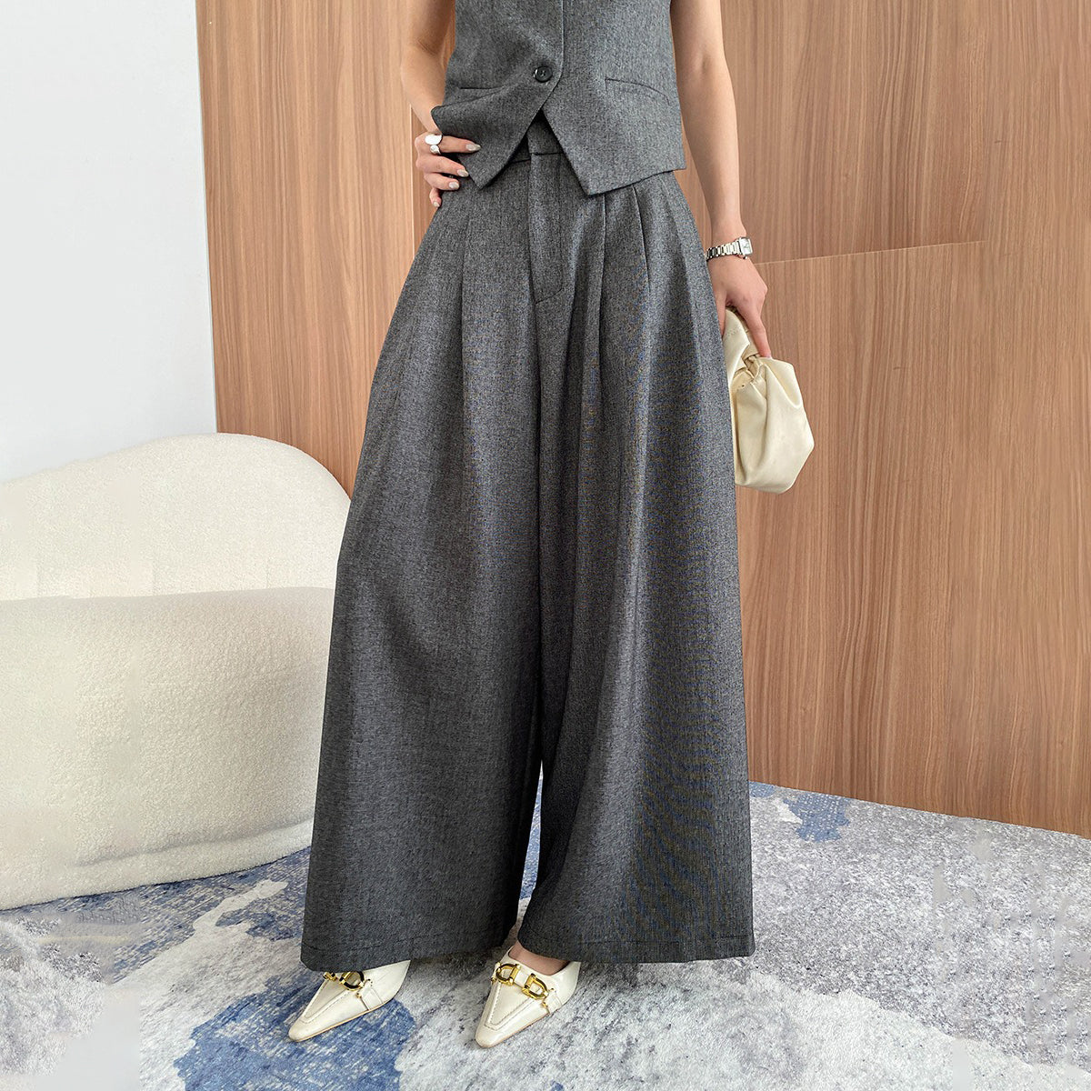 【単品注文】【セットアップ】フレンチシック Vネック夏 ベスト+ハイウエストワイドパンツ上下セット【SNシリーズ】