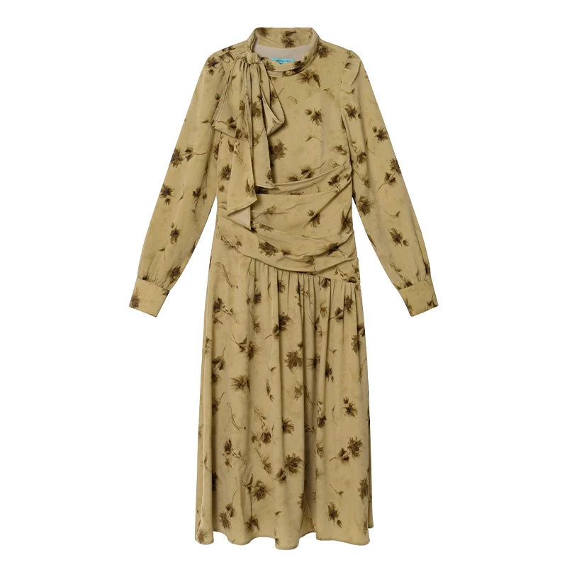 【ワンピース】春 秋 冬 リボンタイ襟 リント プリント ウエストマーク 花柄 ワンピース 【JZシリーズ】