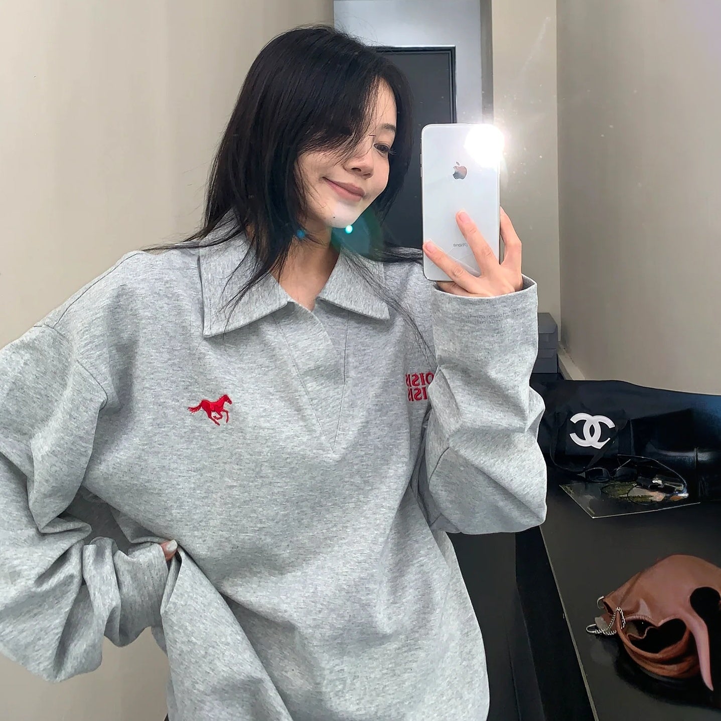 【トップス】春 秋 冬 刺繍 Vネック 長袖 Tシャツ 【FCシリーズ】