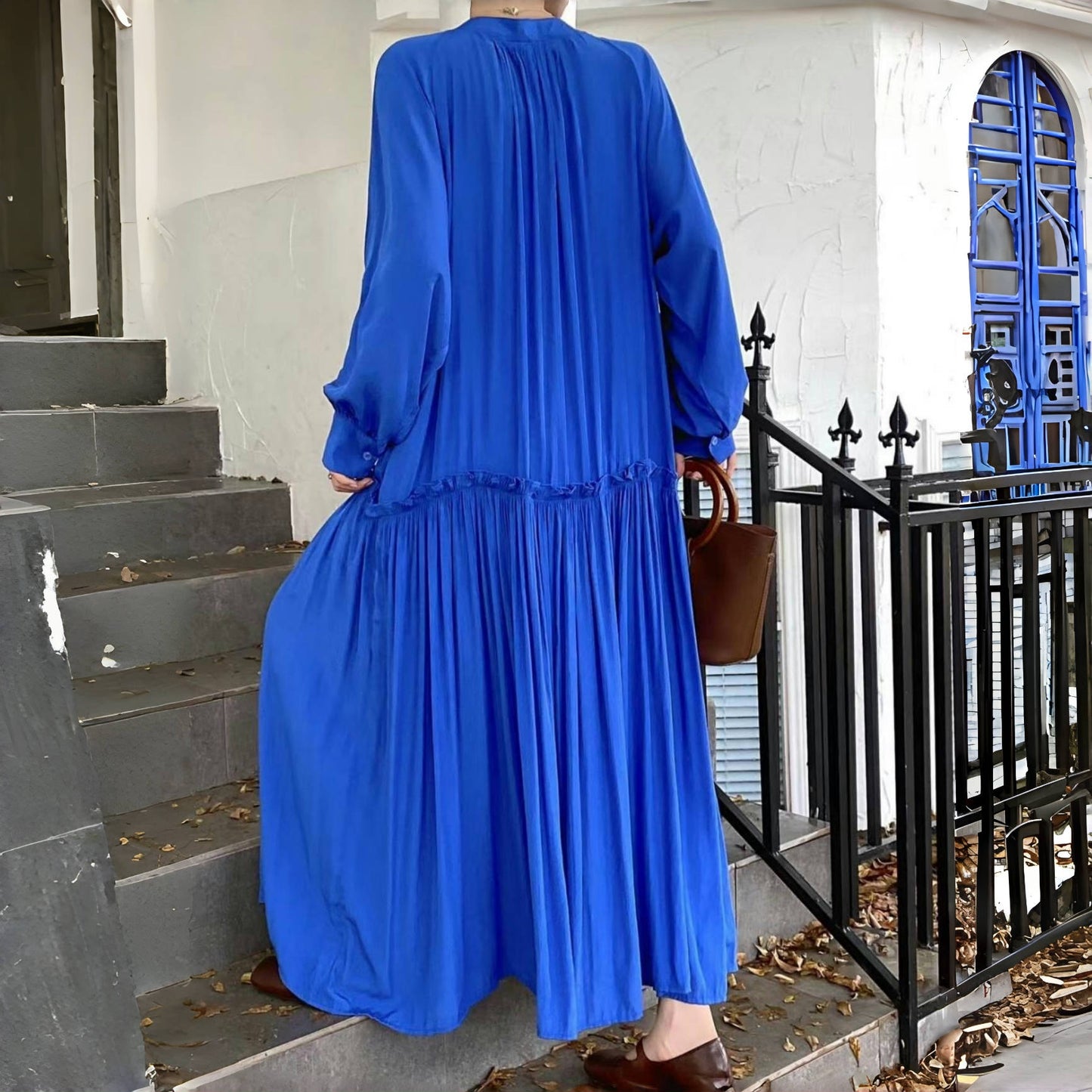 【ワンピース】春秋 ゆったり シワ加工 ワンピース ドレープ感のある バルーンスリーブ 長袖ワンピース