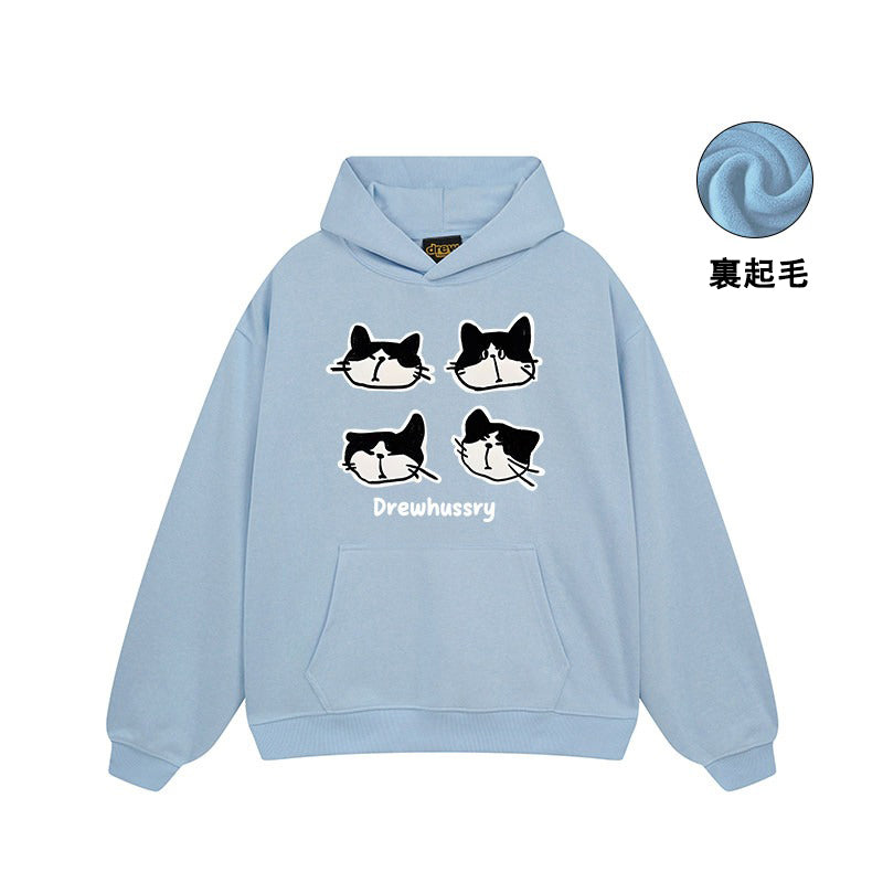 【トップス】🐱カートゥーン猫プリント裏起毛パーカー ユニセックス ペアルック 秋冬 カジュアル【FCシリーズ】