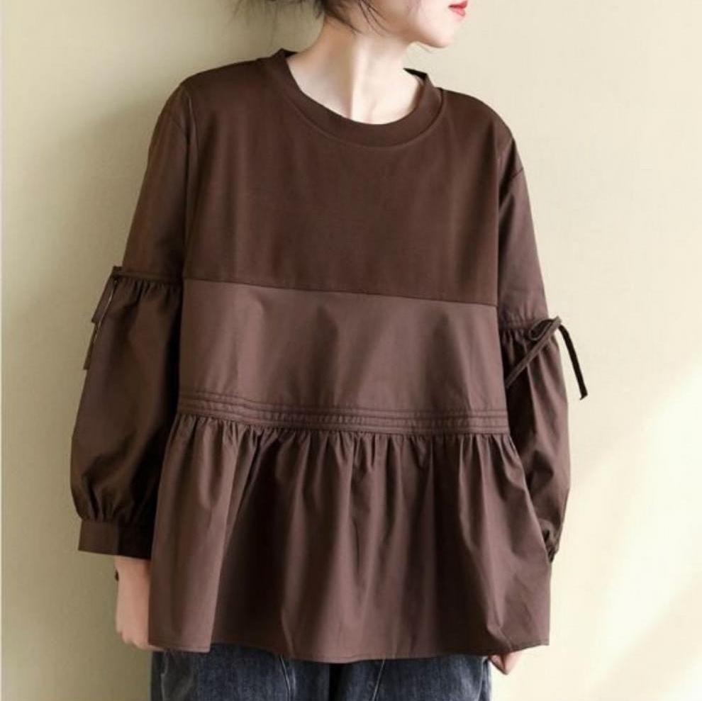 【トップス】春秋冬 文芸スタイル ゆったり 切り替えしTシャツ