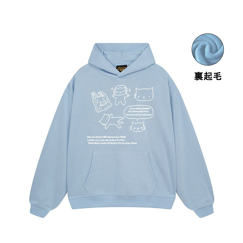 【トップス】🐱ストリート猫プリントヘビーウェイトコットンパーカー ユニセックス ペアルック 秋冬【FCシリーズ】