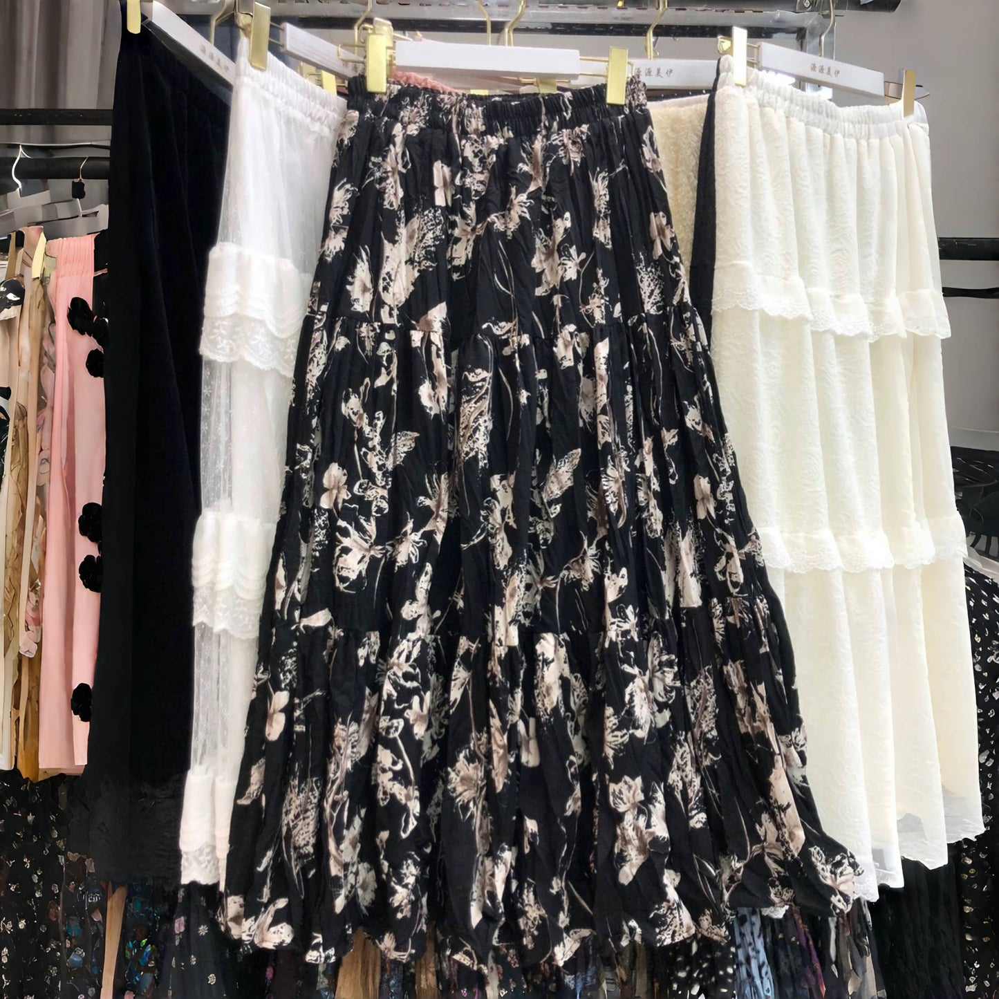 【ボトムス】裏起毛 春秋冬 レトロ フリルギャザー プリント スカート【SHシリーズ】