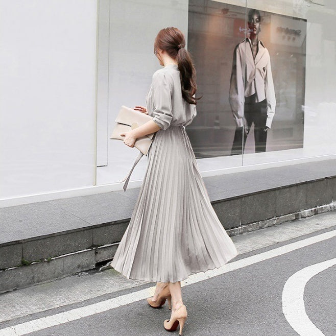 【ワンピース】春秋夏 新作 プリーツ スリム 着痩せ 長袖ワンピース