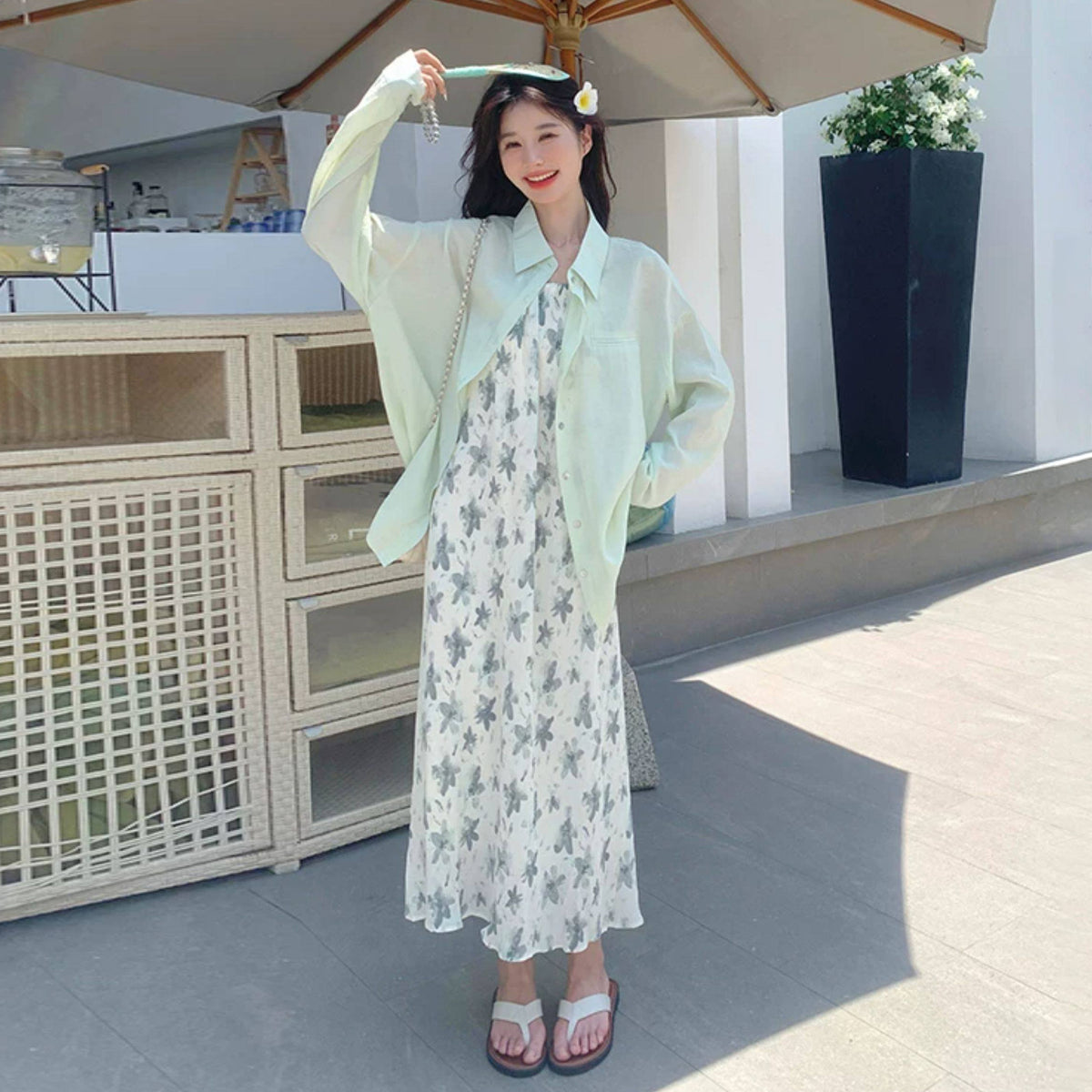2点セット!【セットアップ】小花柄シャツ&キャミワンピース レディース 夏新作 長袖 2点セット ナチュラル カジュアル【SHシリーズ】