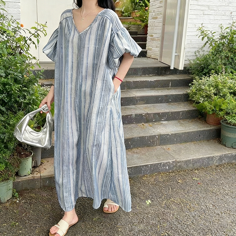 【ワンピース】韓国風 春夏新作 縦縞柄 ゆったりサイズ レディース バルーンスリーブ ワンピース【SHシリーズ】