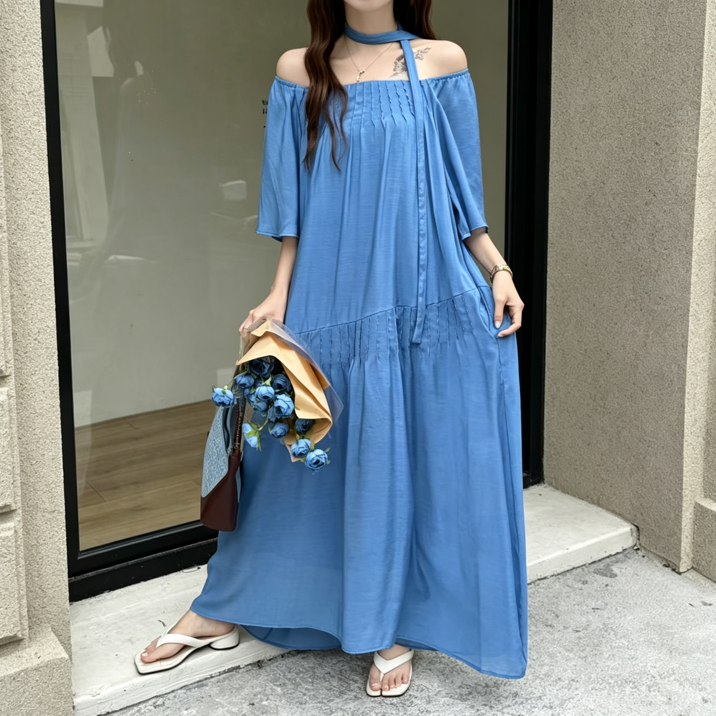 【ワンピース】韓国風 半袖 オフショルワンピース レディース ロング丈 ゆったり ウエストリボン 大きいサイズ【JZシリーズ】