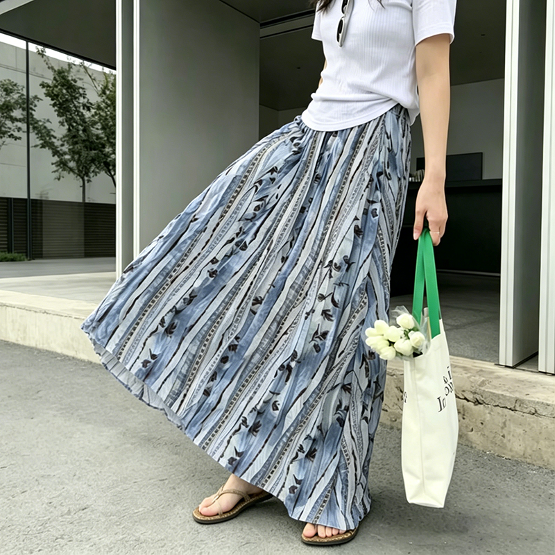 【ボトムス】レトロ風 花柄 プリーツスカート レディース 春夏 ハイウエスト ロング丈 フェミニン フレア【SHシリーズ】