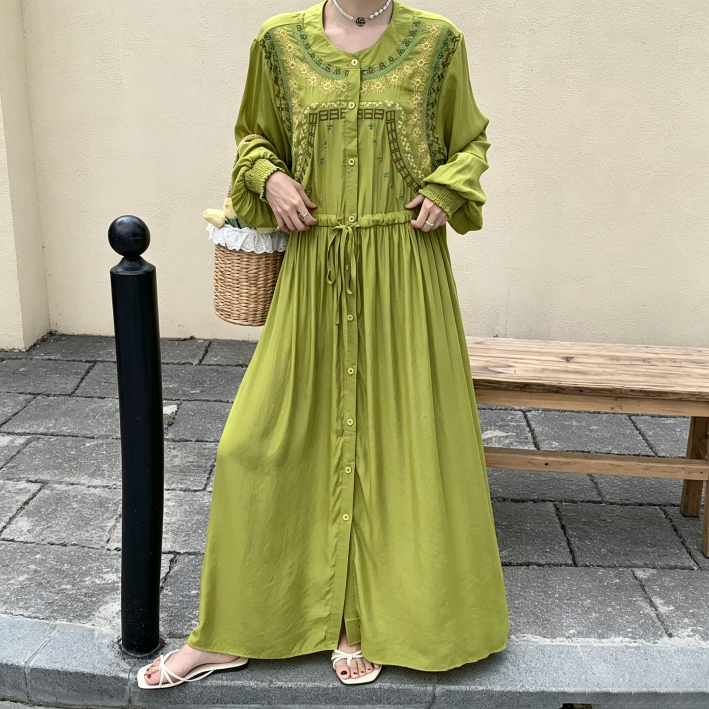 【ワンピース】エスニック風 刺繍ロングワンピース レディース リゾートスタイル ゆったり マキシ丈【JZシリーズ】