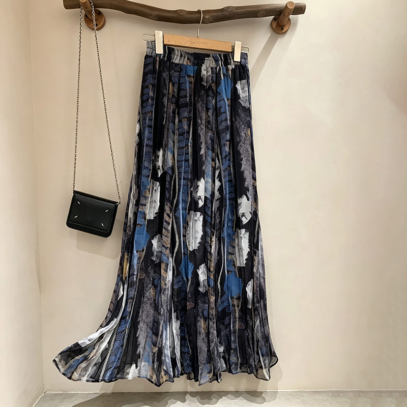 【ボトムス】水彩風プリントスカート レディース ロング丈 ボリュームフレア 落ち感素材 体型カバー【SHシリーズ】