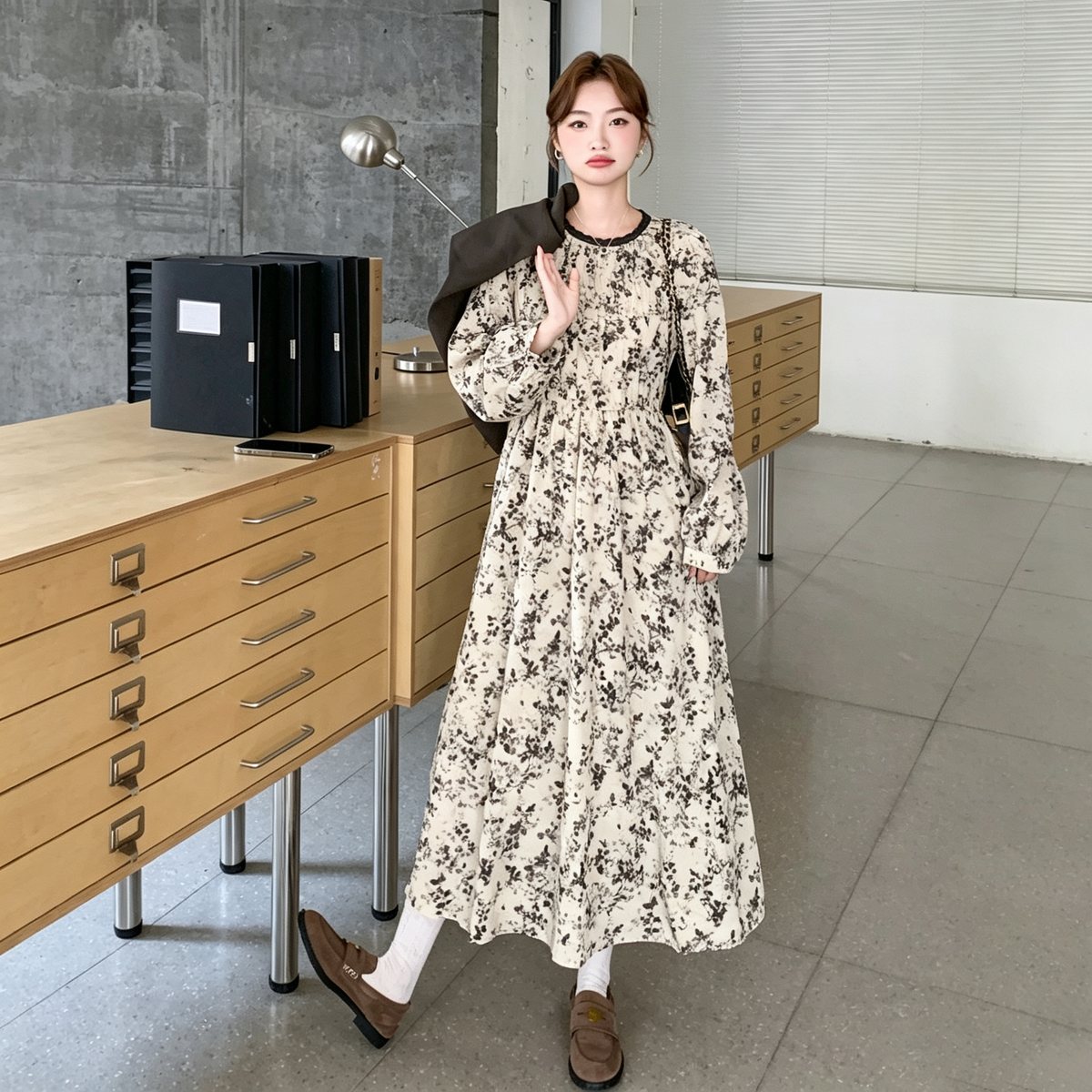 2点セット!【セットアップ】レトロ花柄カシュクールワンピースセット レディース 秋新作 長袖 ベスト付き 2点セット【SHシリーズ】