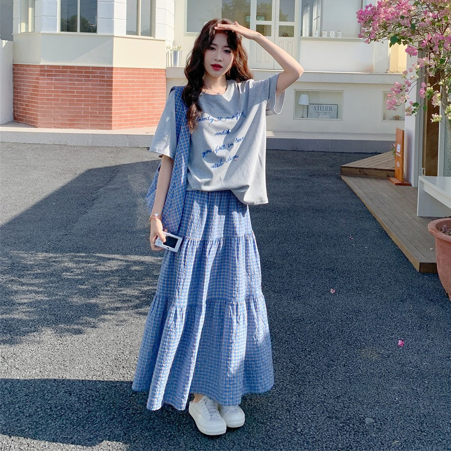 2点セット！【セットアップ】カジュアル Tシャツ× チェック柄スカート