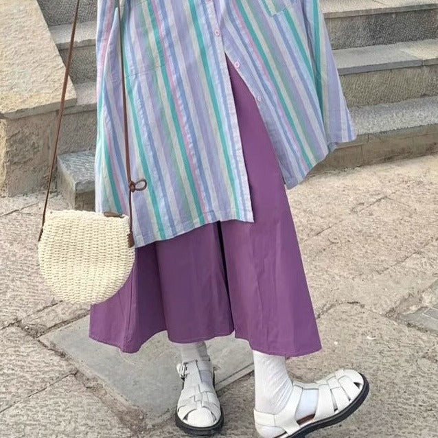 【下裝】今年流行復古彩色條紋春夏短袖上衣+寬褲2件套