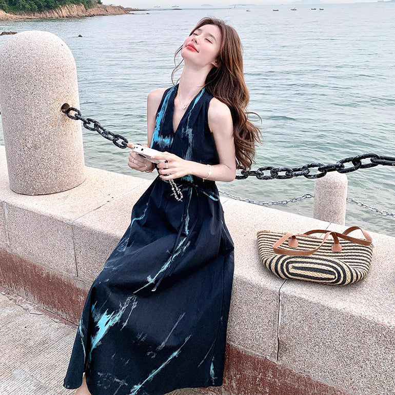 【ワンピース】夏新作 ブルータイダイ柄 ホルターネック ノースリーブワンピース エレガントリゾート風ロングドレス【SHシリーズ】