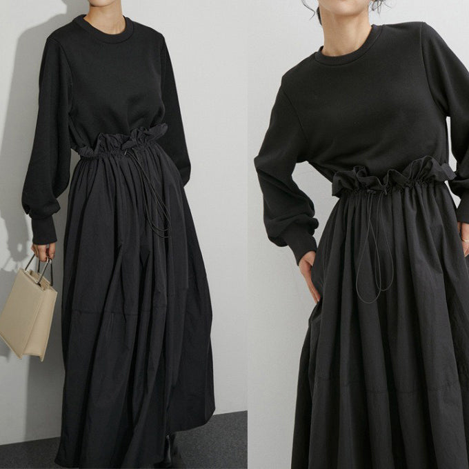 【ワンピース】春秋冬 切り替え フェイクツーピース ハイウエスト 長袖ワンピース【AHシリーズ】