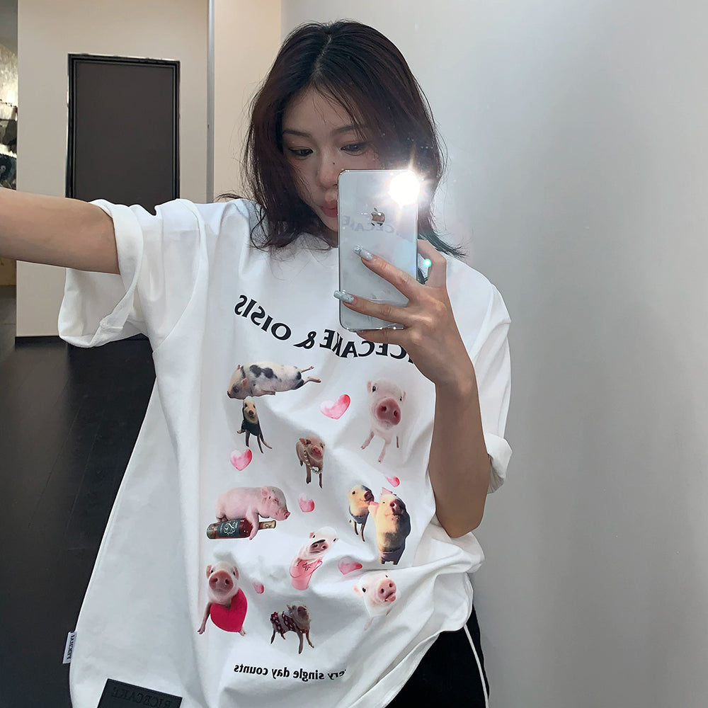 【トップス】Tシャツ レディース コットン100% カートゥーン アブストラクトプリント オーバーサイズ ヴィンテージ風 半袖【FCシリーズ】