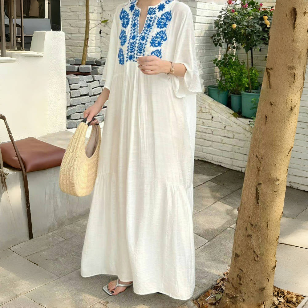 ワンピース】レトロ ゆったり 大きいサイズ 刺繍 半袖ワンピース