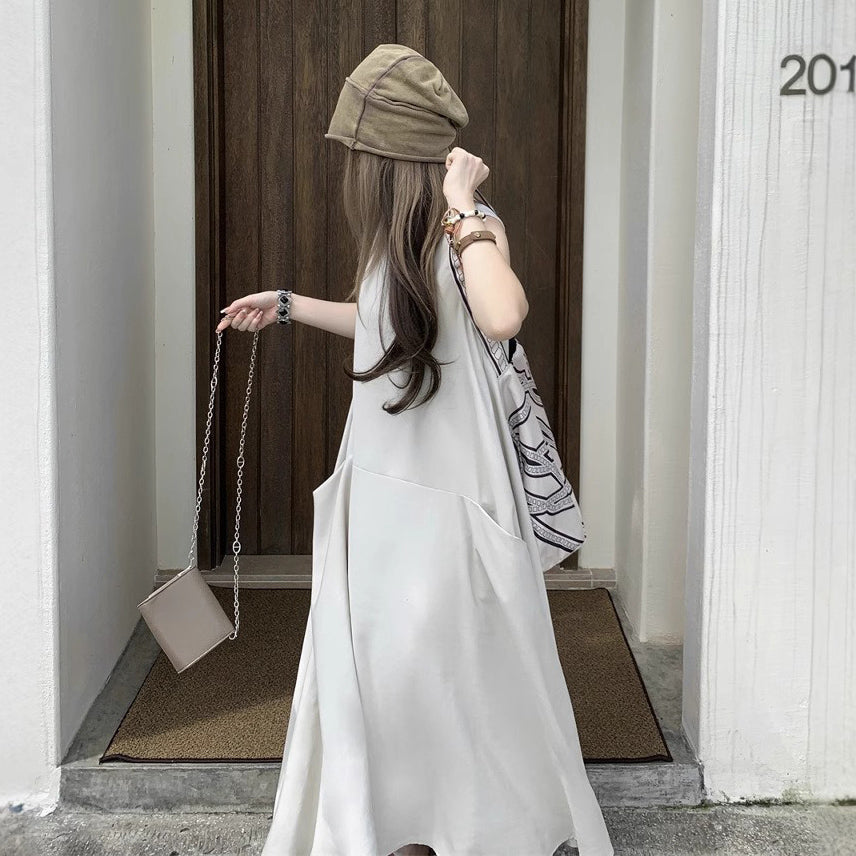 【ワンピース】気質 大きめポケット デザイン性 スタイルアップ 体型カバー ノースリーブ タンクワンピース