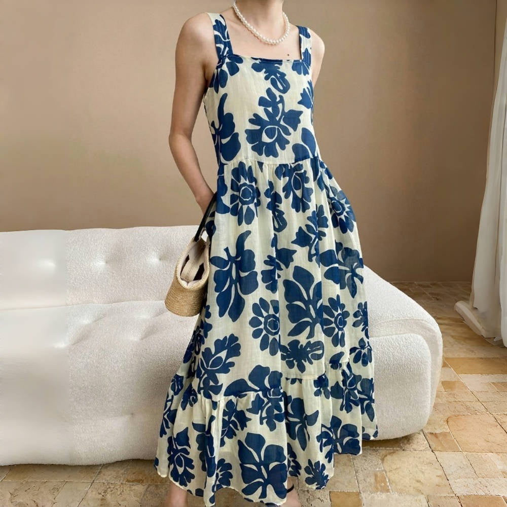 【ワンピース】夏 フレンチレトロ風 リネン プリント ノースリーブ ワンピース 【SHシリーズ】