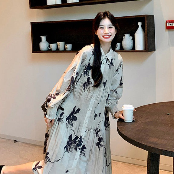 【ワンピース】新中華風 水墨花柄 長袖ワンピース レディース ハイウエスト Aライン トレンド【SHシリーズ】