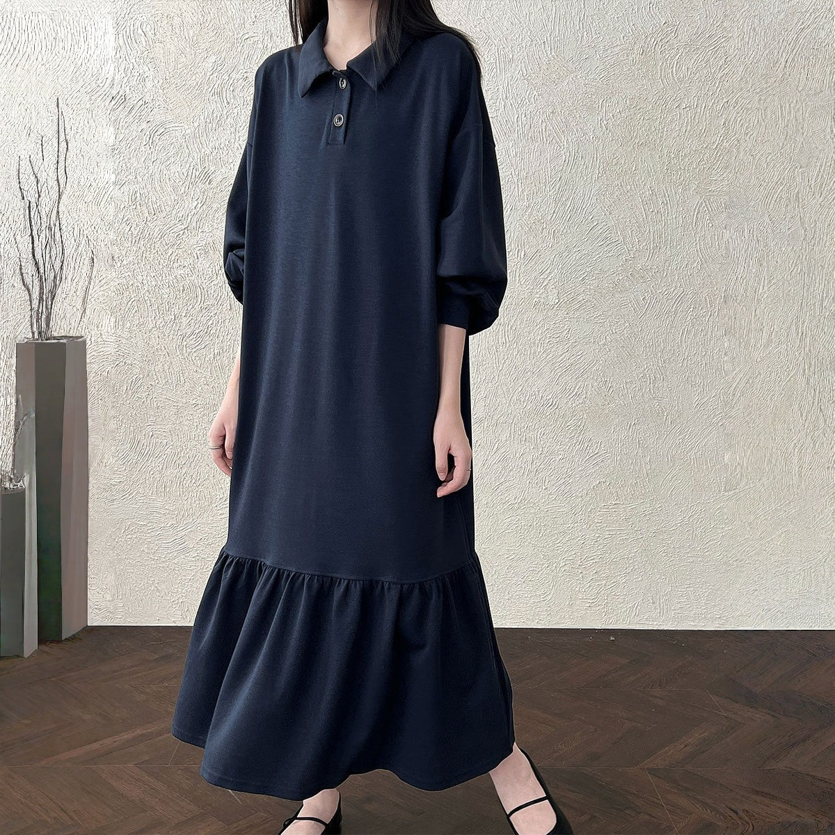 ワンピース】春 秋 冬 切替 襟付き フリル スウェット 長袖