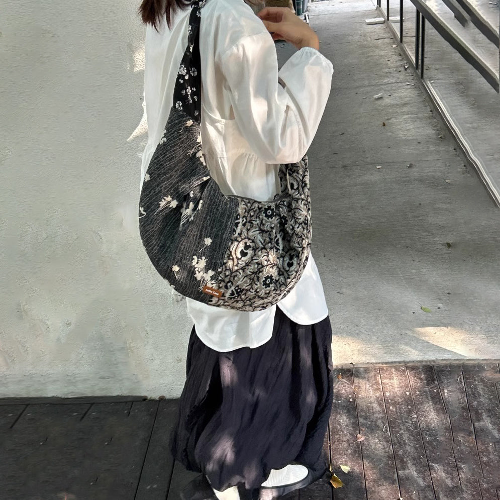 【バッグ】新中華風 切り替え エレガント ワンショルダーバッグ 布地テクスチャーホーボーバッグ ボディバッグ