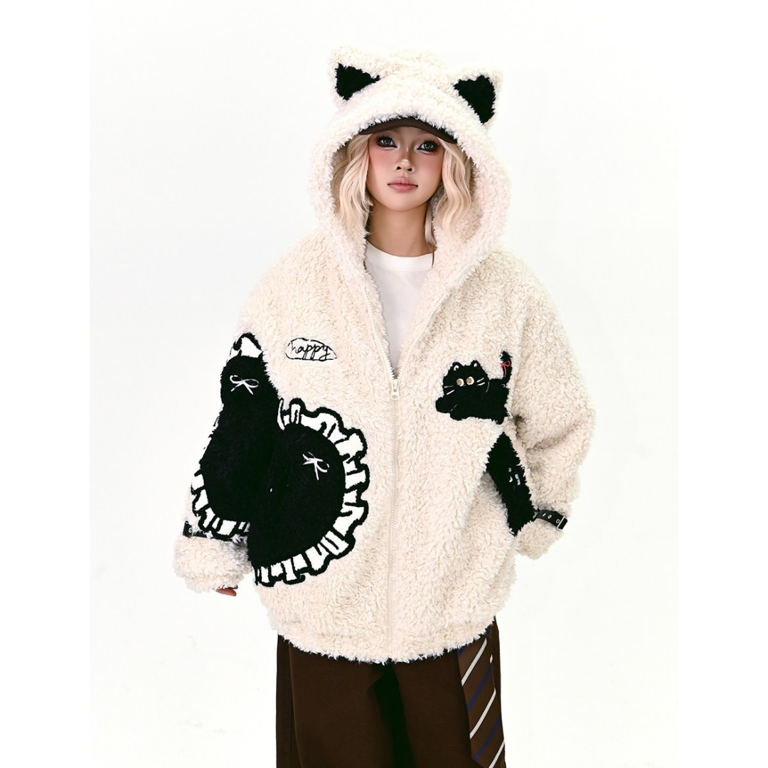 【アウター】韓国風 ハート刺繍 スウィート ゆったり フード付き 綿入れコート【FCシリーズ】