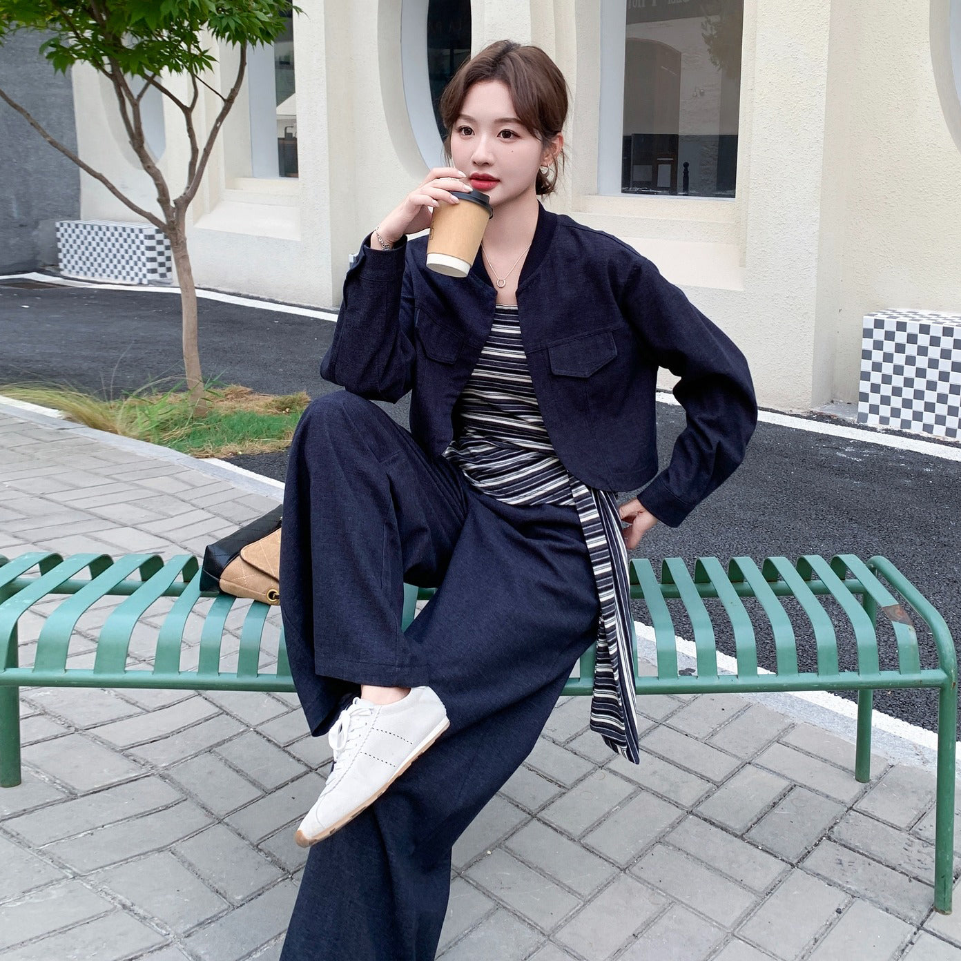 3点セット!【セットアップ】ジャケット+ワイドパンツ+ストライプキャミソール 上下セット 春秋 韓国風 学院スタイル【JZシリーズ】